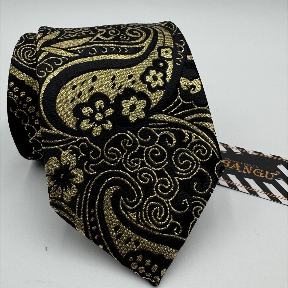 NEW DiBanGu Silk Necktie Men Gold Black Paisley Floral Luxury Tie Formal Wedding